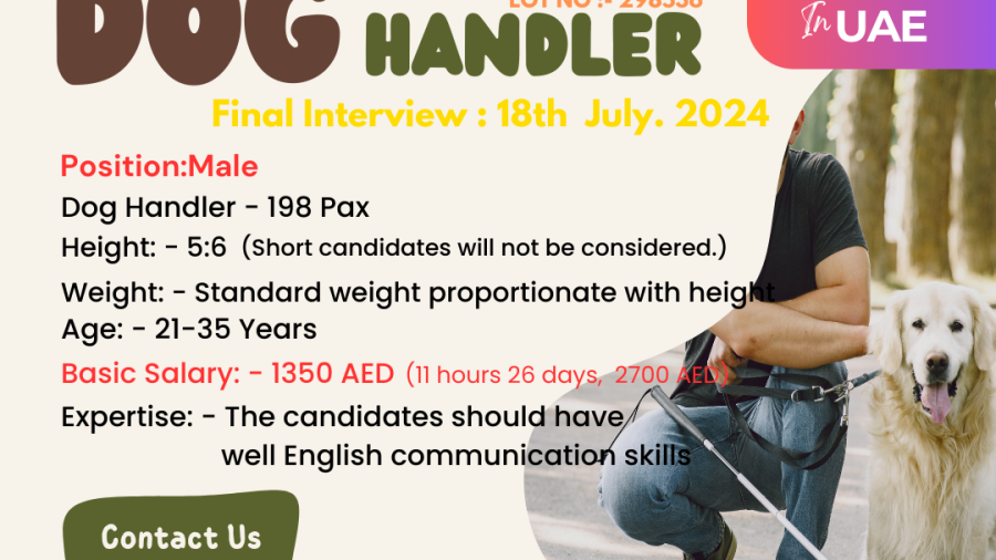 Dog Handler job In UAE - 198 Pax, Lot No - 298536